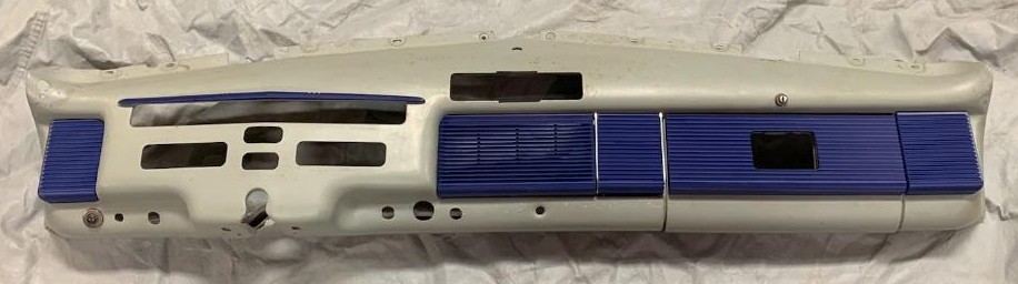 Full 1940 Mercury dashboard with blue printed parts laid out for test fitting